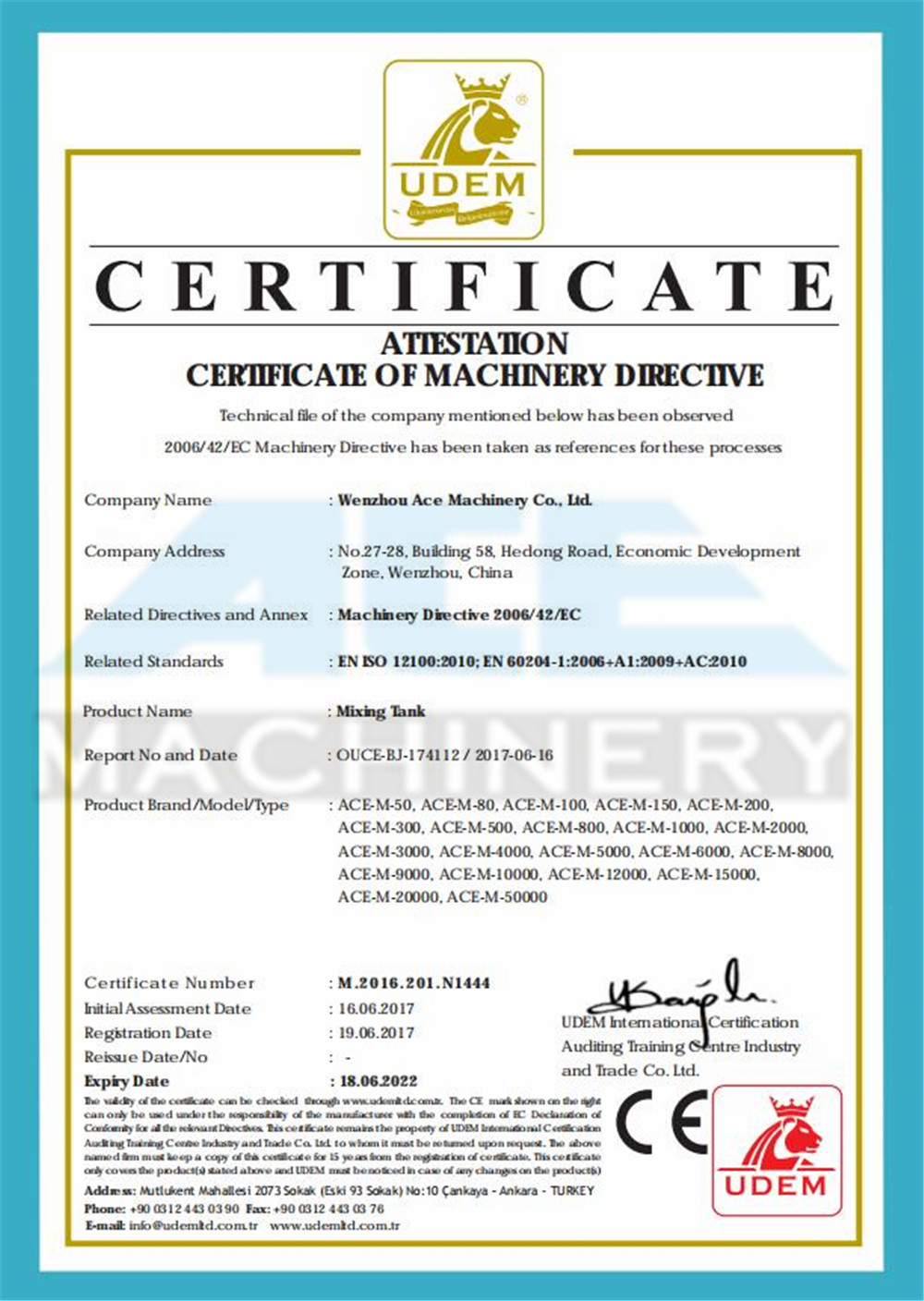 CE Certificate - Wenzhou Ace Machinery Co.,LTD